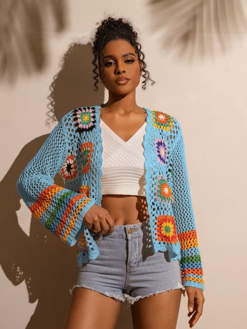 Unbranded Boho Granny Square Crochet Cardigan Blue Open Cardigan NEW L